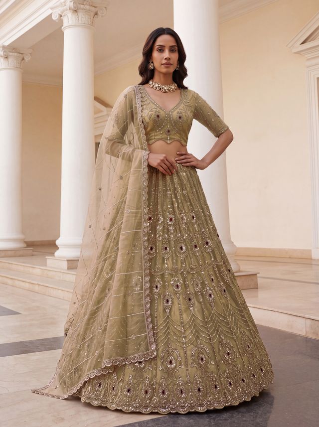 Chicku Pure Fendi Tussaud Silk Crystal Beads work Multi Thread Dori and Sequins Work Sequins Work Bridal Lehenga Choli