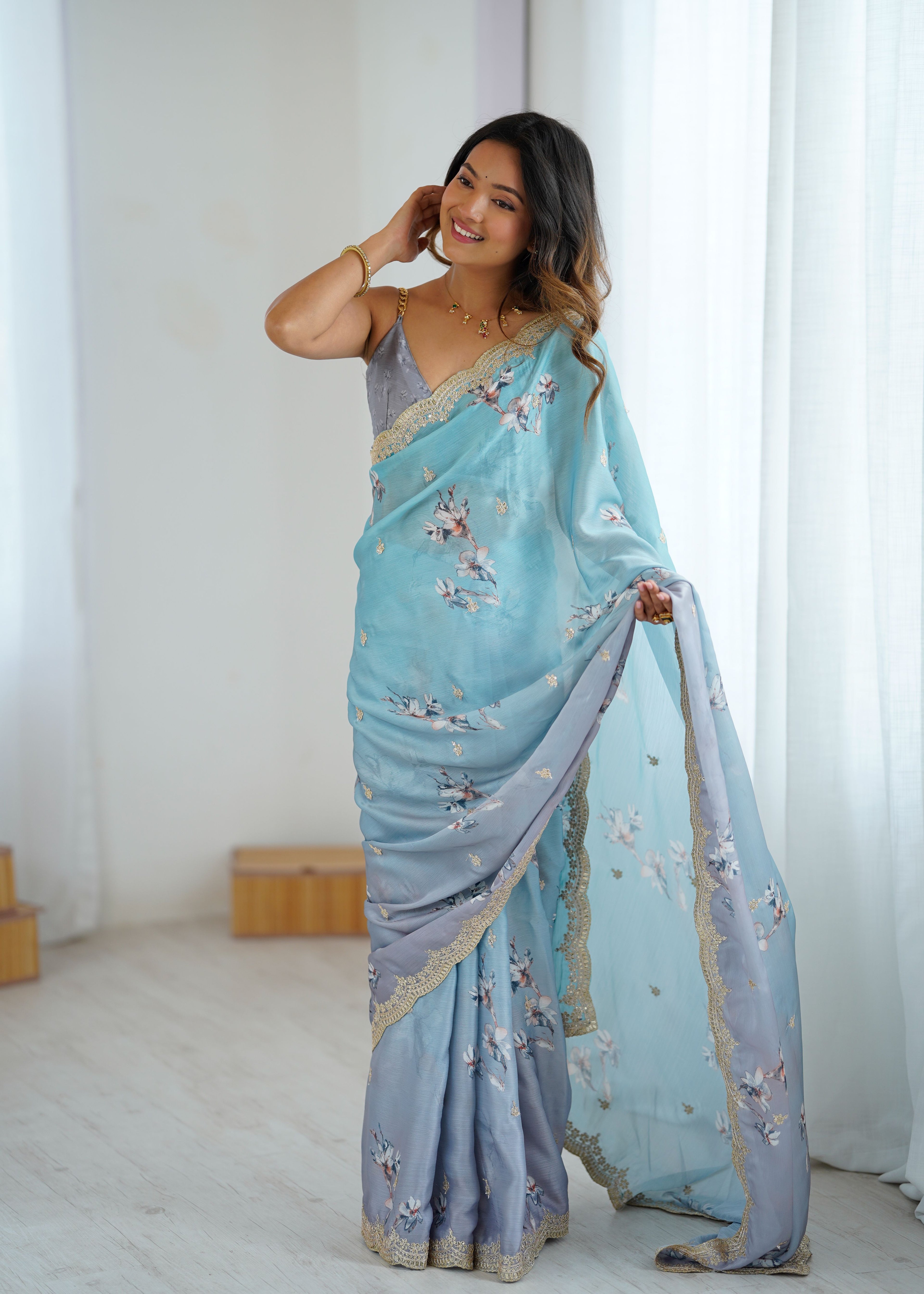 Aqua Blue Two Tone Satin Silk Sequins Embroidery Ready to Wear Saree