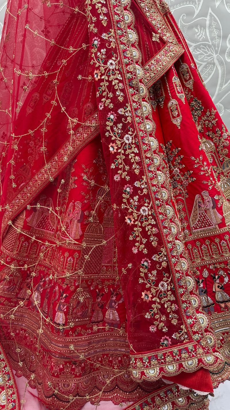 Red Pure Soft Gadwal Silk Heavy Embroidery Work Bridal Lehenga