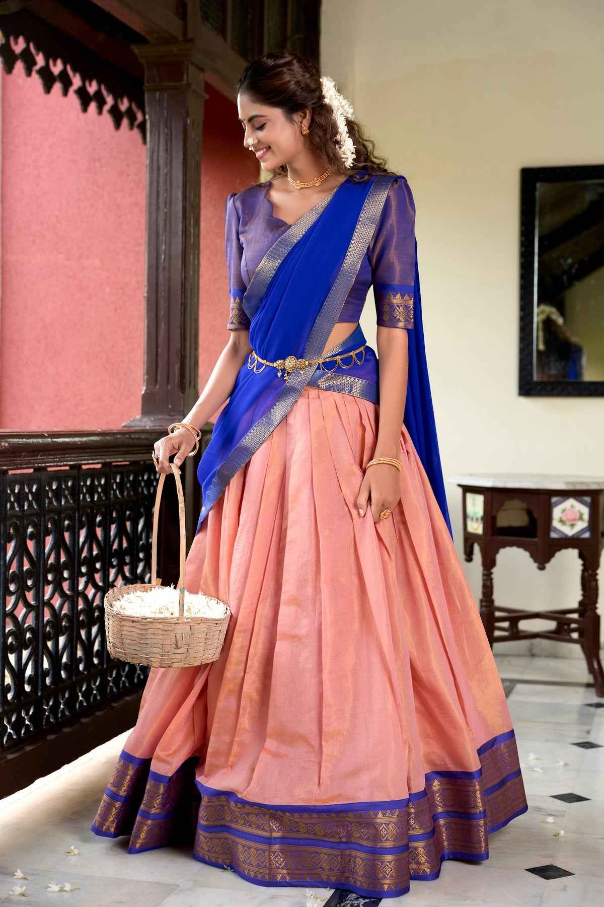 Peach Pure Soft Kanchipuram Zari Weaving Work Paithani Lehenga Choli