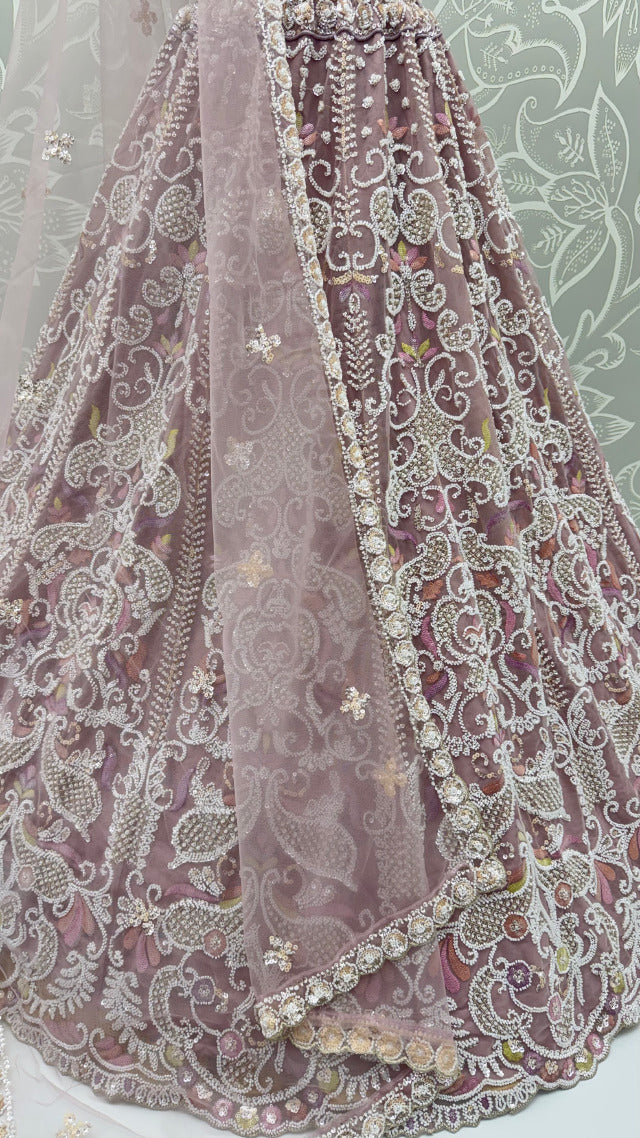 Lilac Pure Heavy Net Motif Handwork Zari Sequins Work Bridal Lehenga Choli