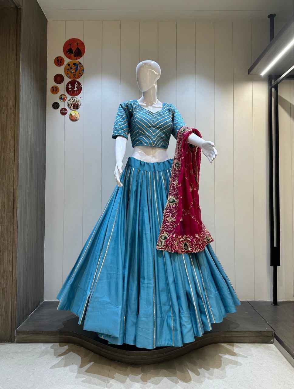 Sky Blue Cotton Silk Chaniya Choli with Heavy Flare
