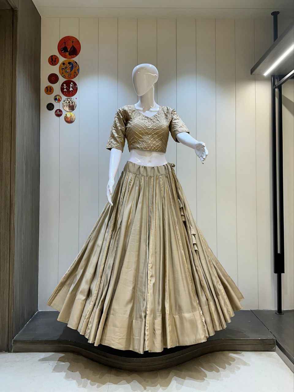 Cream Gold Cotton Silk Chaniya Choli with Royal 10 Meter Flare