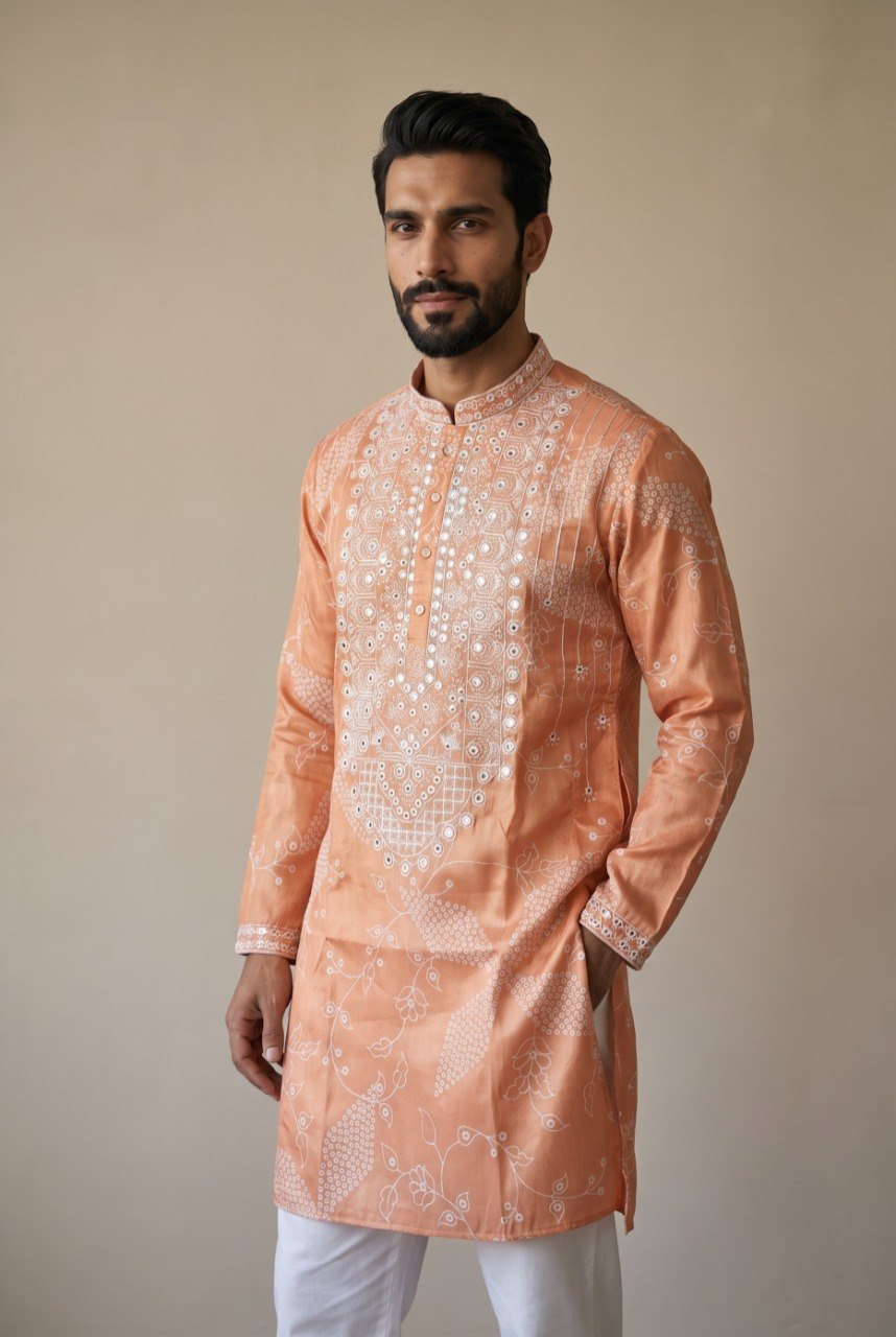Orange Pure Simmer Silk Embroidery Sequence Work With Printed Kurta Pajama