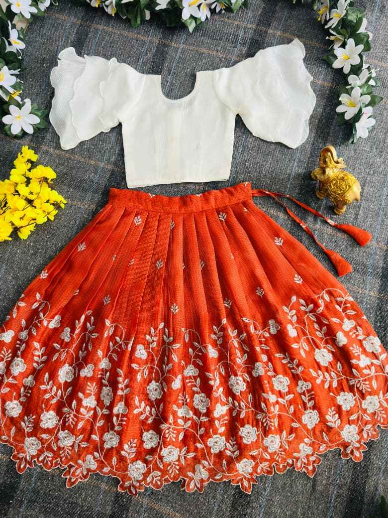 Cream Kids Kota Checks Floral Embroidered Lehenga Choli