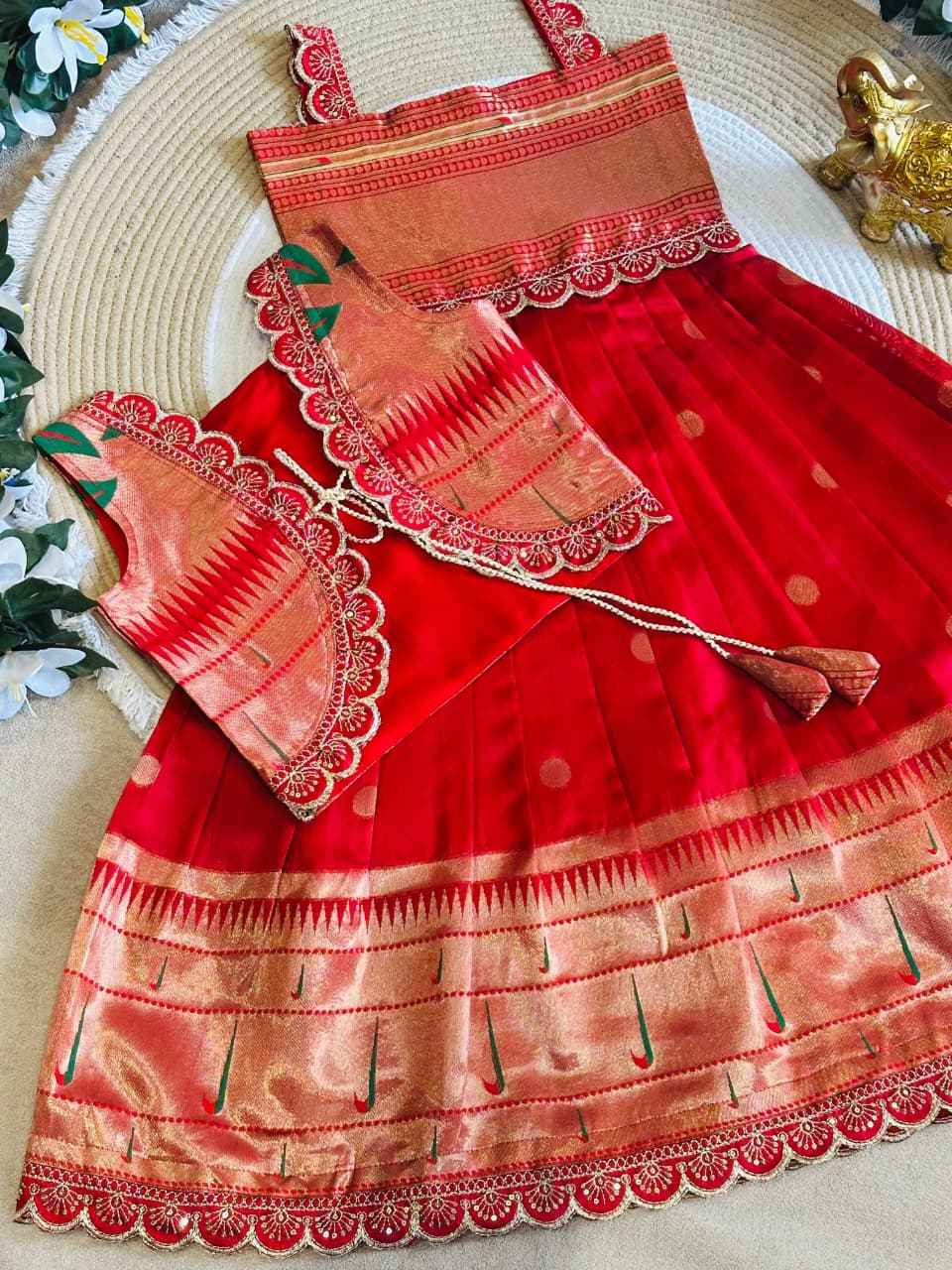 Red Paithani Silk Girls Gown with Designer Jacket