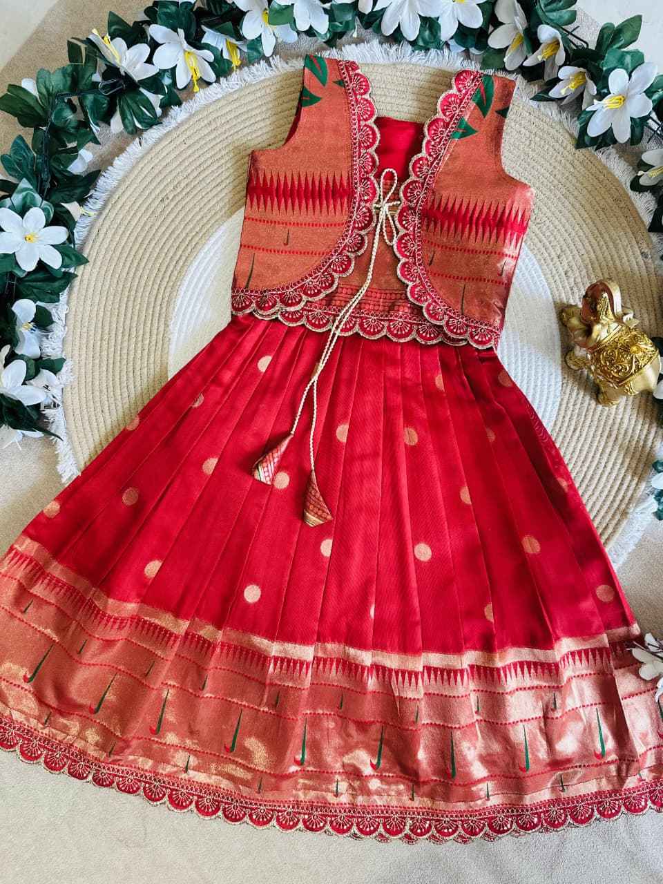Red Paithani Silk Girls Gown with Designer Jacket