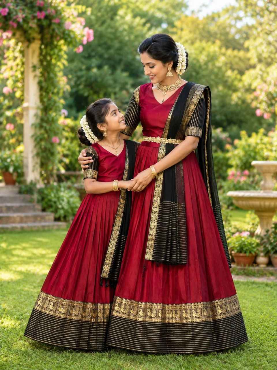 Maroon & Black Mother Daughter Silk Lehenga Choli Combo Set