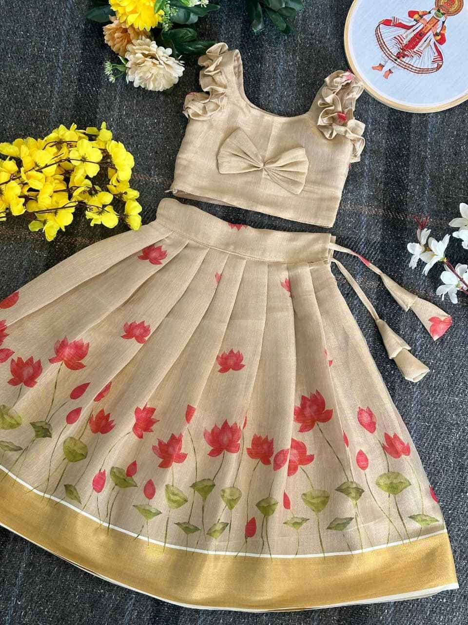 Beige Lotus Print Tissue Silk Kids Lehenga Choli