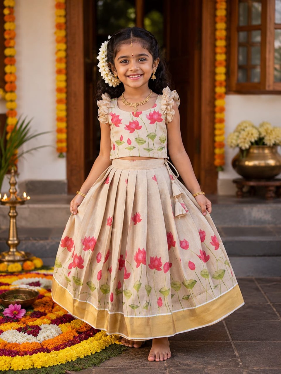 Beige Lotus Print Tissue Silk Kids Lehenga Choli