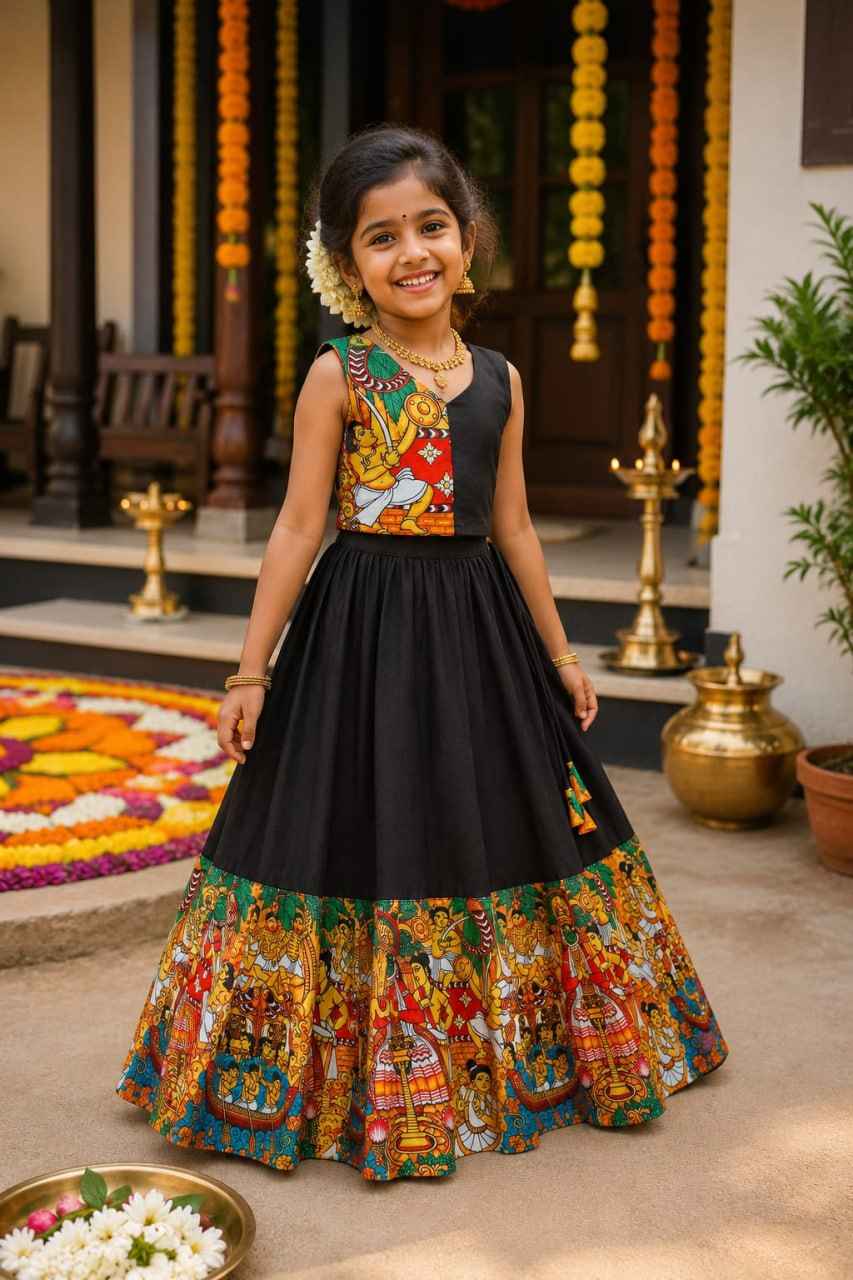 Black Kathakali Print Kids Lehenga Choli