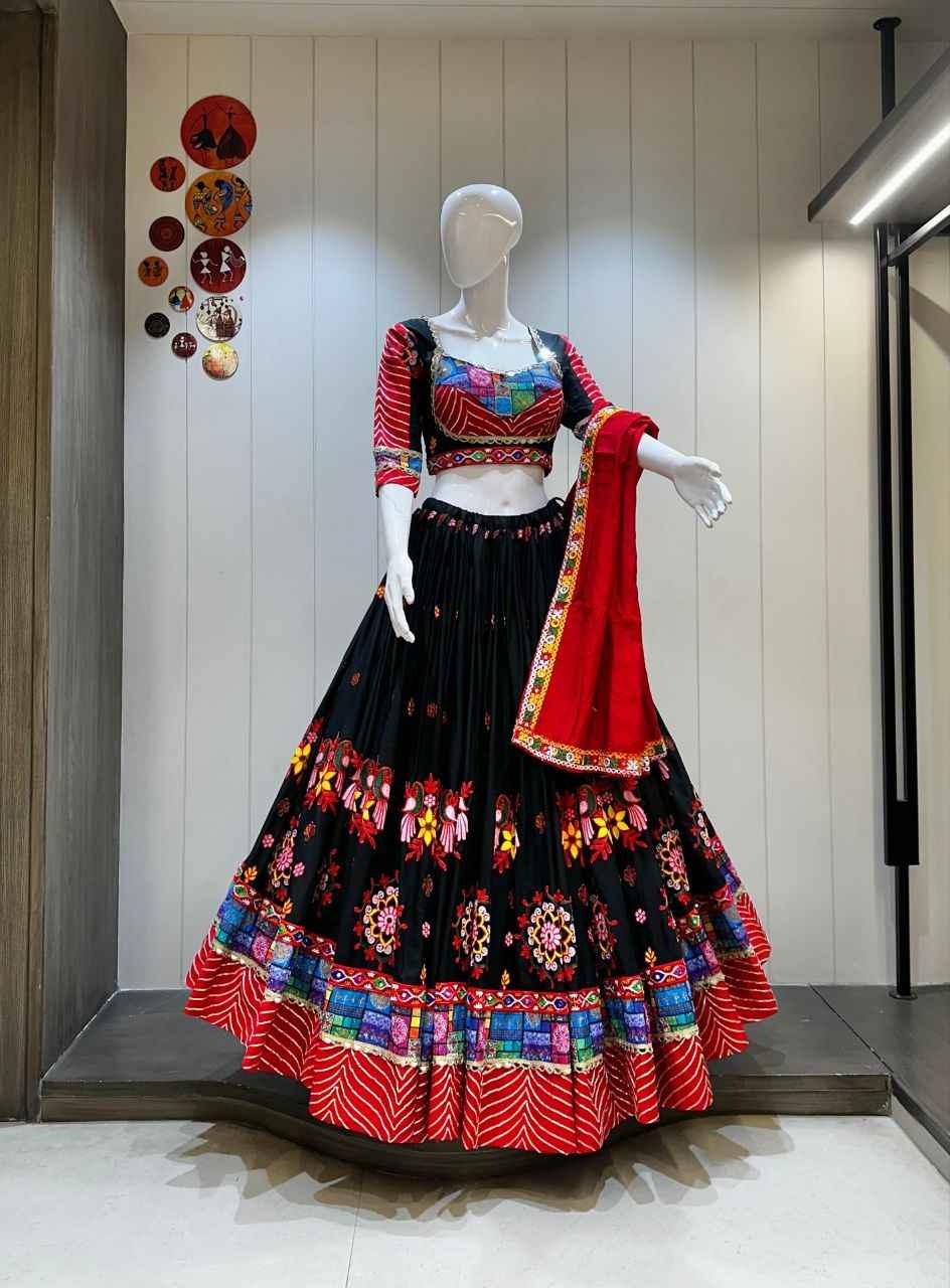 Black & Red Traditional Garba Chaniya Choli with Mirror Work Blouse
