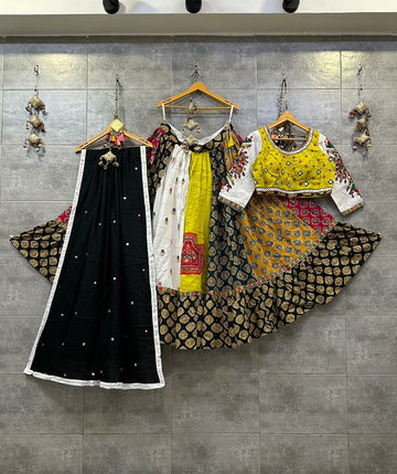 Yellow and Multicolor Gamthi Work Chaniya Choli with Black Dupatta