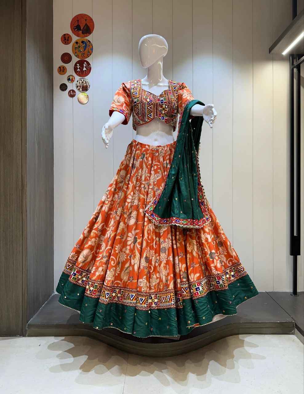 Orange & Teal Navratri Chaniya Choli with Gamthi Work Blouse