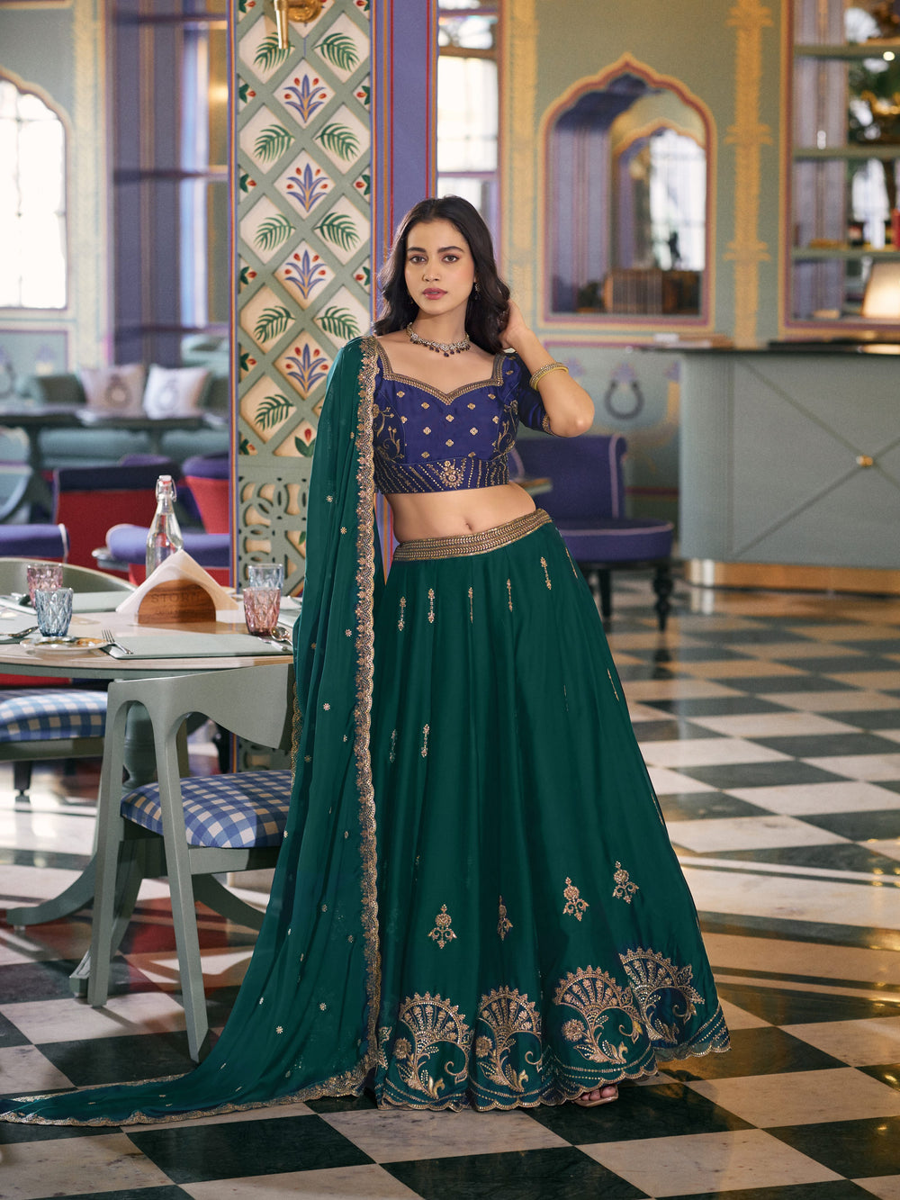 Green Pure Soft Rangoli Silk Sequins and Thread Embroidery Lehenga Choli