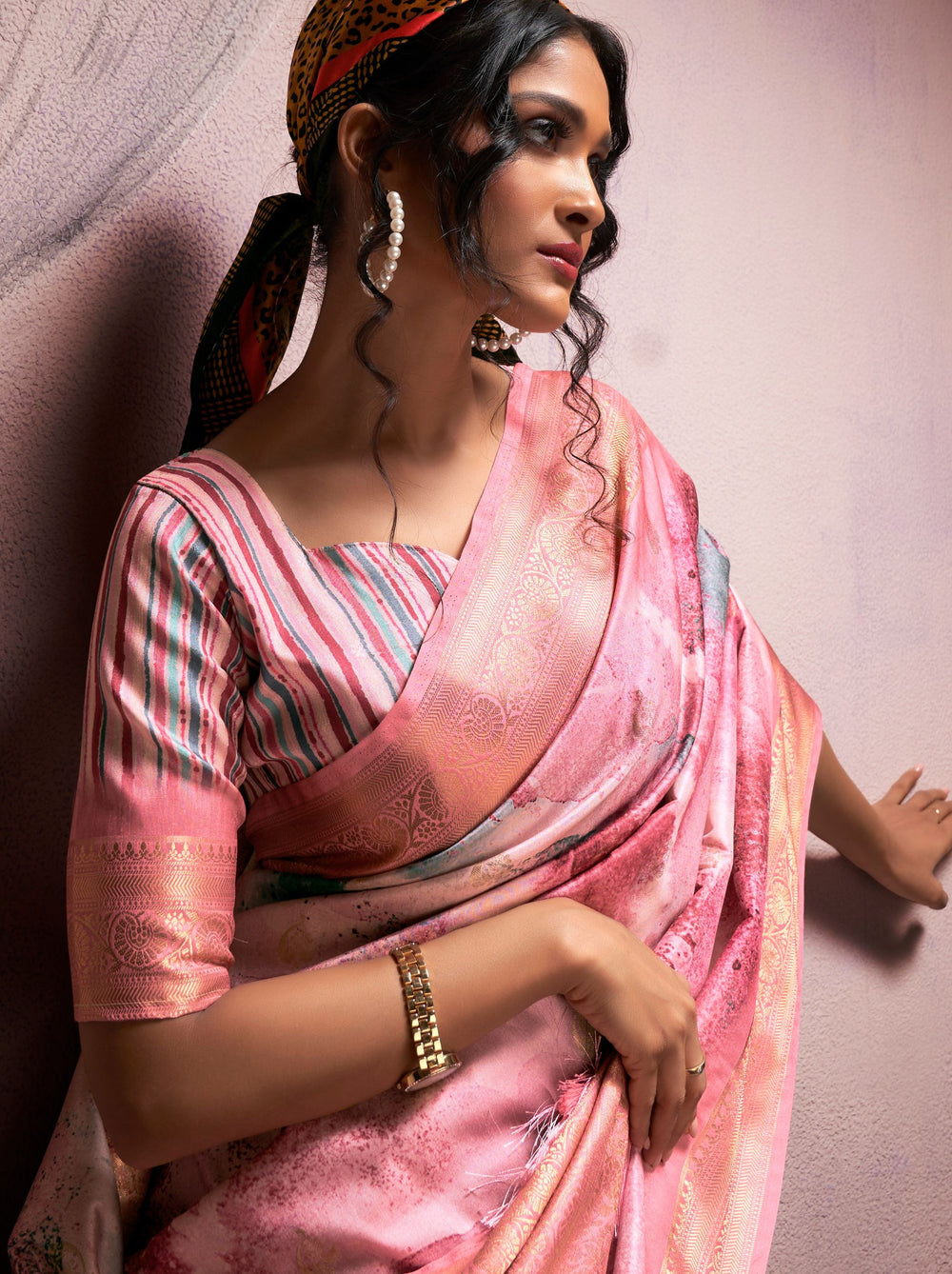 Taffy Pink Pure Banarasi Handloom Digital Printed Silk Saree