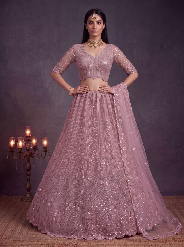 Pink Pure Heavy Net Motif Handwork Zari Sequins Work Bridal Lehenga Choli