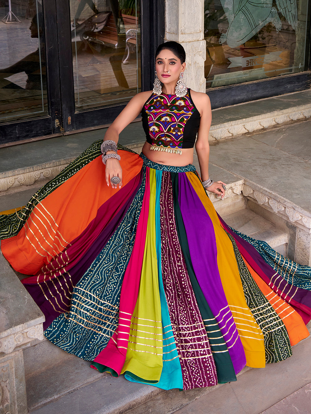 Multicolour Pure Reyon Cotton Embroidery Work Navratri Lehenga Choli