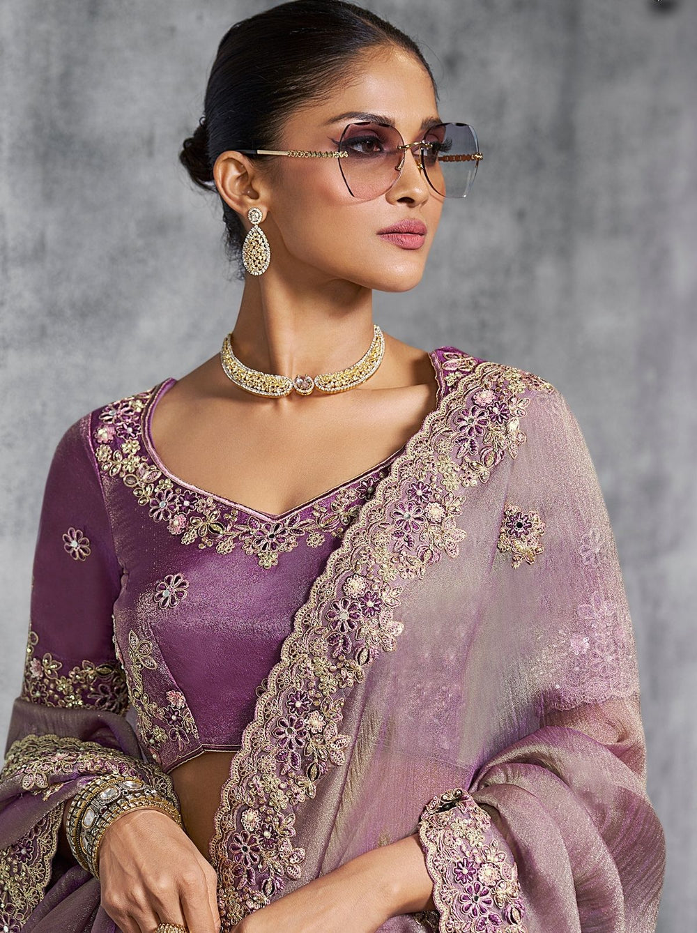 Lavender Purple Premium Zari Tissue Silk Bridal Saree