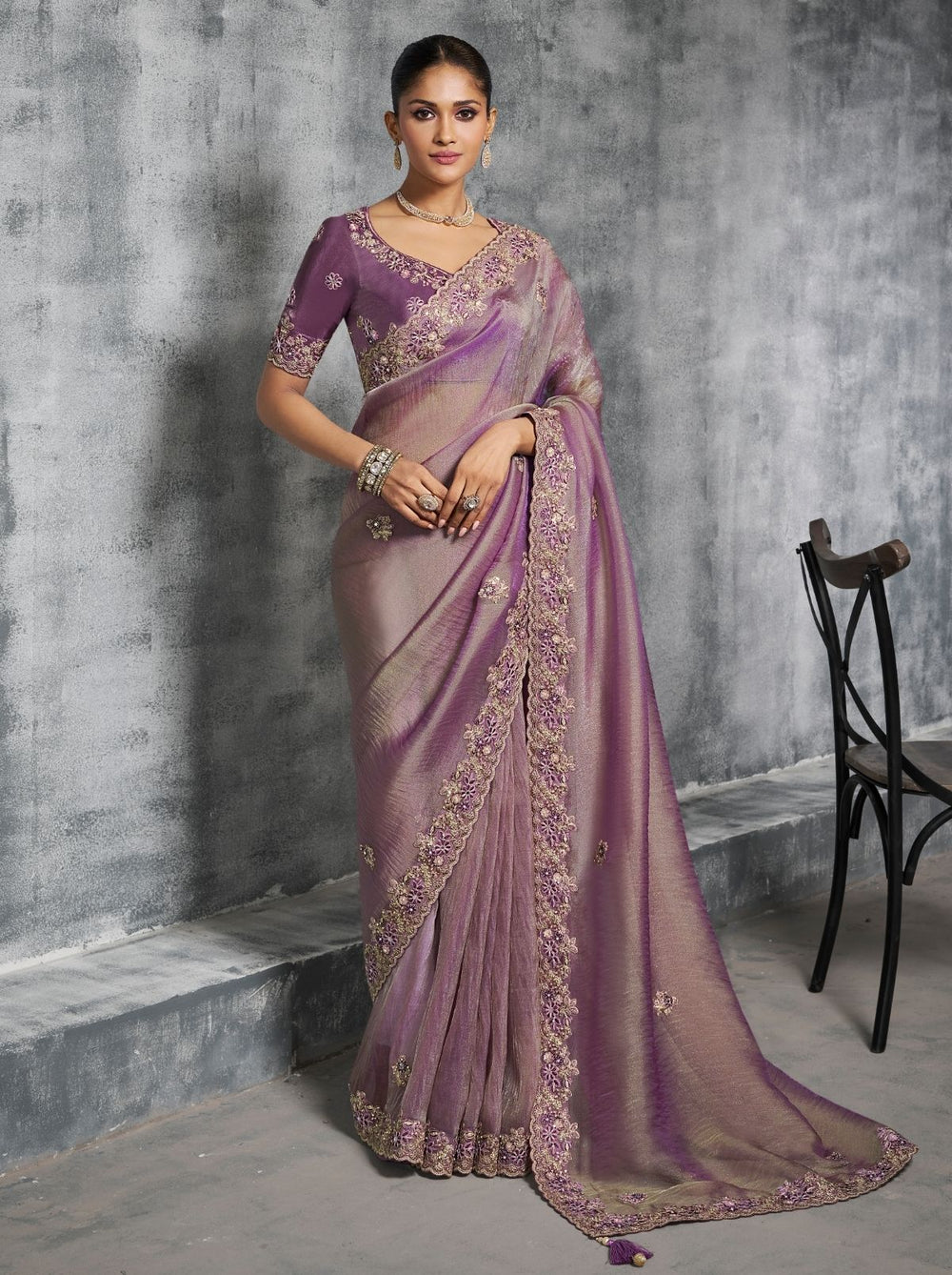 Lavender Purple Premium Zari Tissue Silk Bridal Saree