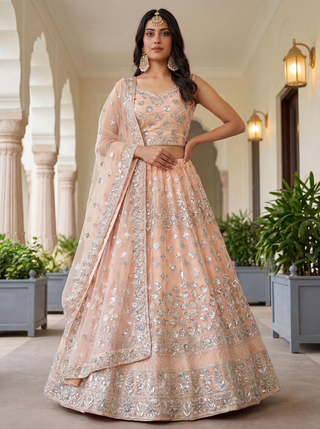 Peach Pure Soft Net Heavy Embroidery Work Bridal Lehenga
