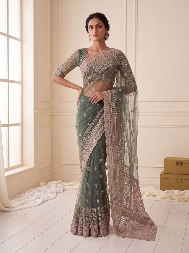 Green Pure Premium Net Handwork Kasti & Motif Zari Metallic Sequins Work Wedding Saree