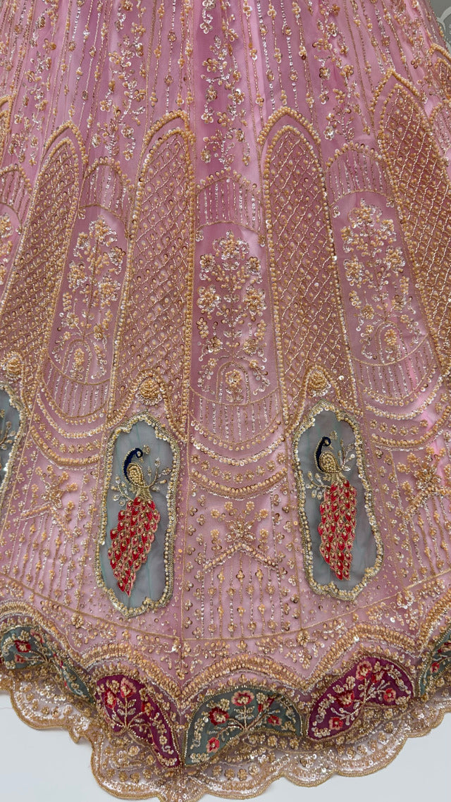 Pink Pure Heavy Net Motif Handwork Zari Sequins Work Bridal Lehenga Choli
