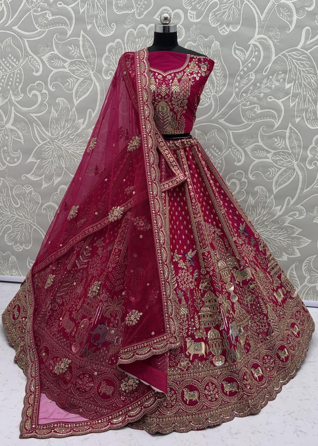 Rani Pink Pure Soft Gadwal Silk Heavy Embroidery Work Bridal Lehenga