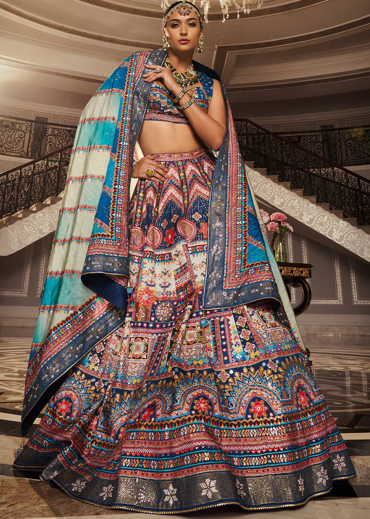 Steel Blue Multicolor Banarasi Silk Lehenga Choli with Woven Design