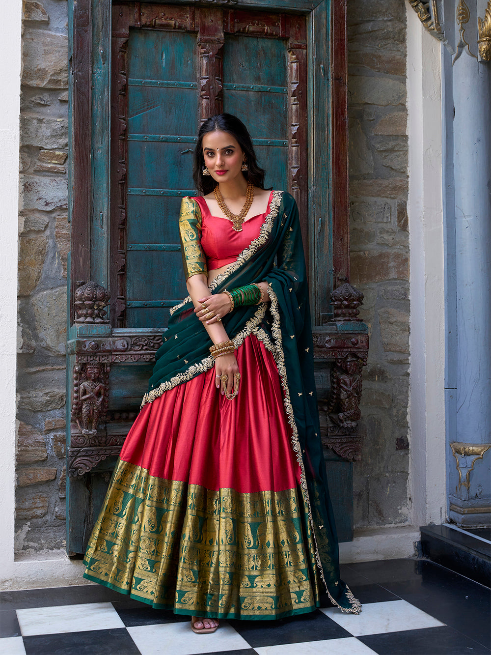 Red Pure Narayan Pattu with Zari Weaving & Embroidery Paithani Lehenga Choli