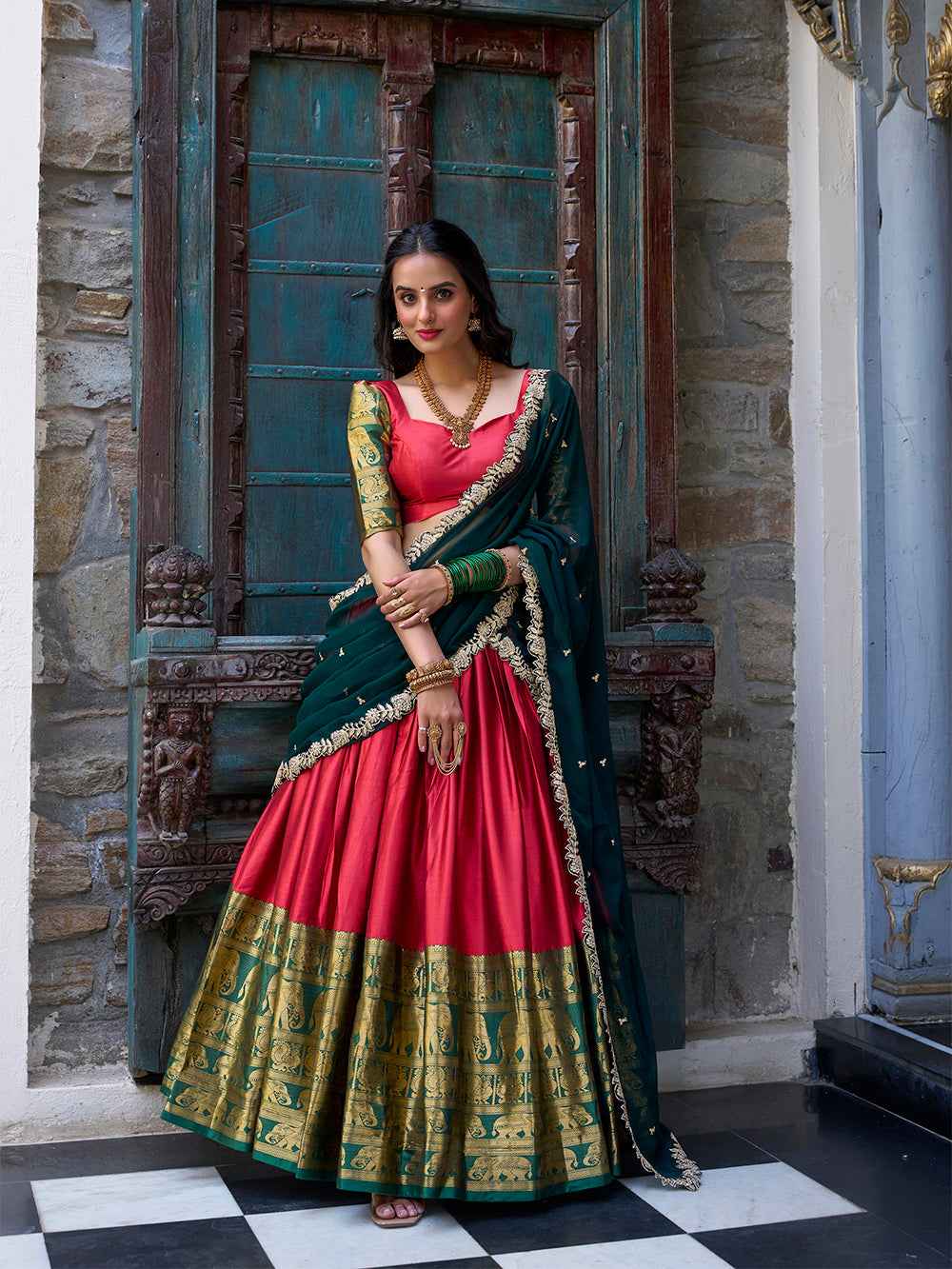 Red Pure Narayan Pattu with Zari Weaving & Embroidery Paithani Lehenga Choli