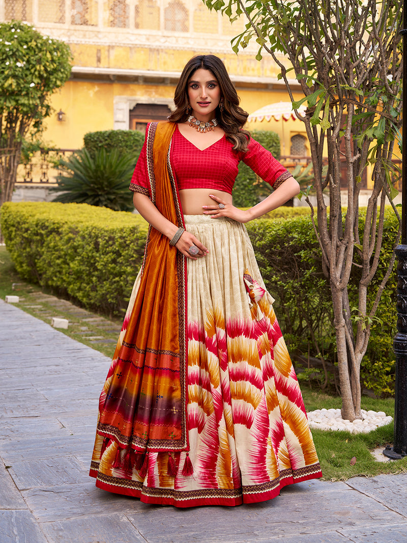 Red Color Tie And Dye Printed Tasar Silk Lehenga Choli