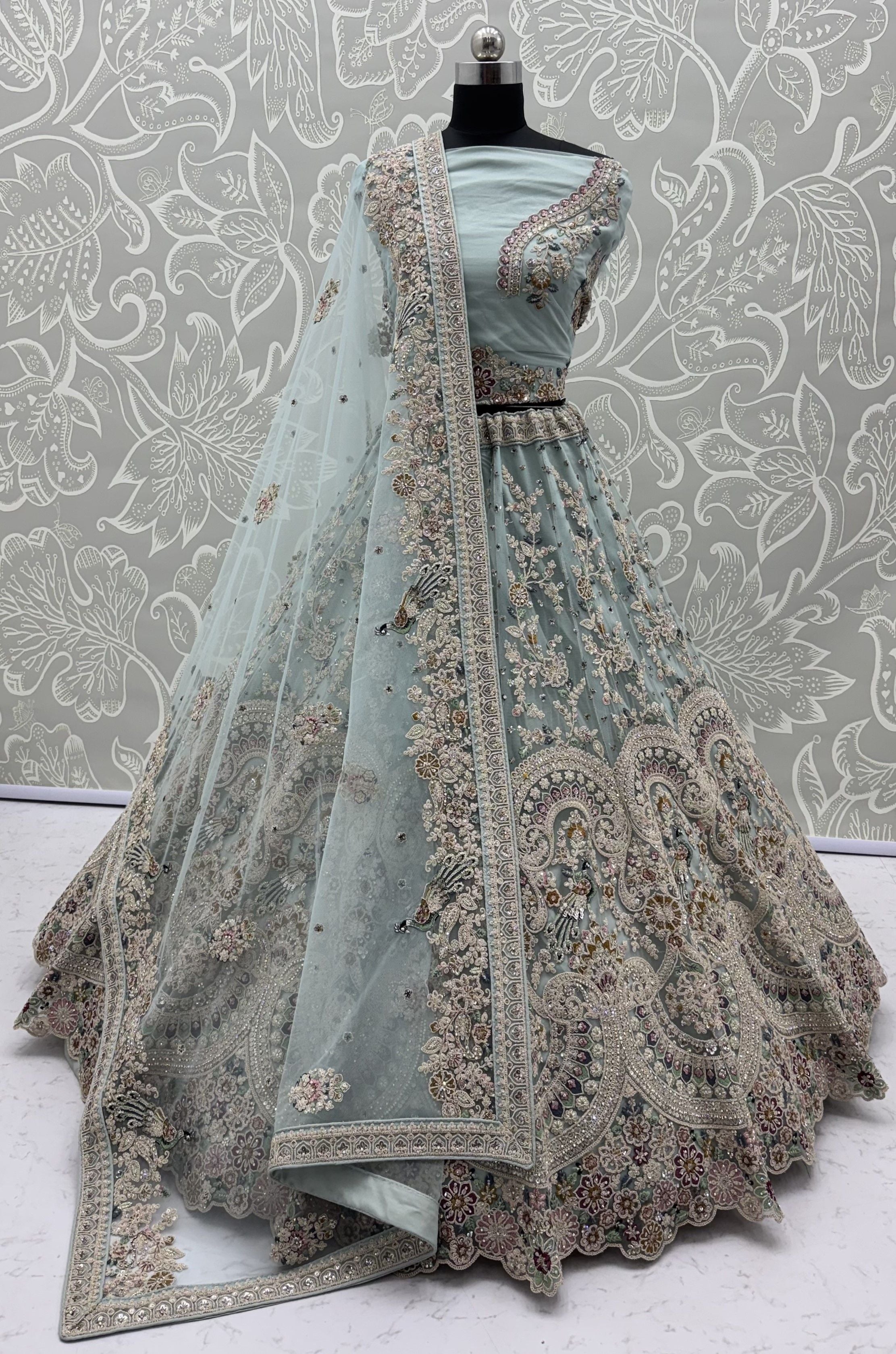 Sky Pure Heavy Net Sequins Sequins Zari Embroidery Work Net Bridal Lehenga Choli