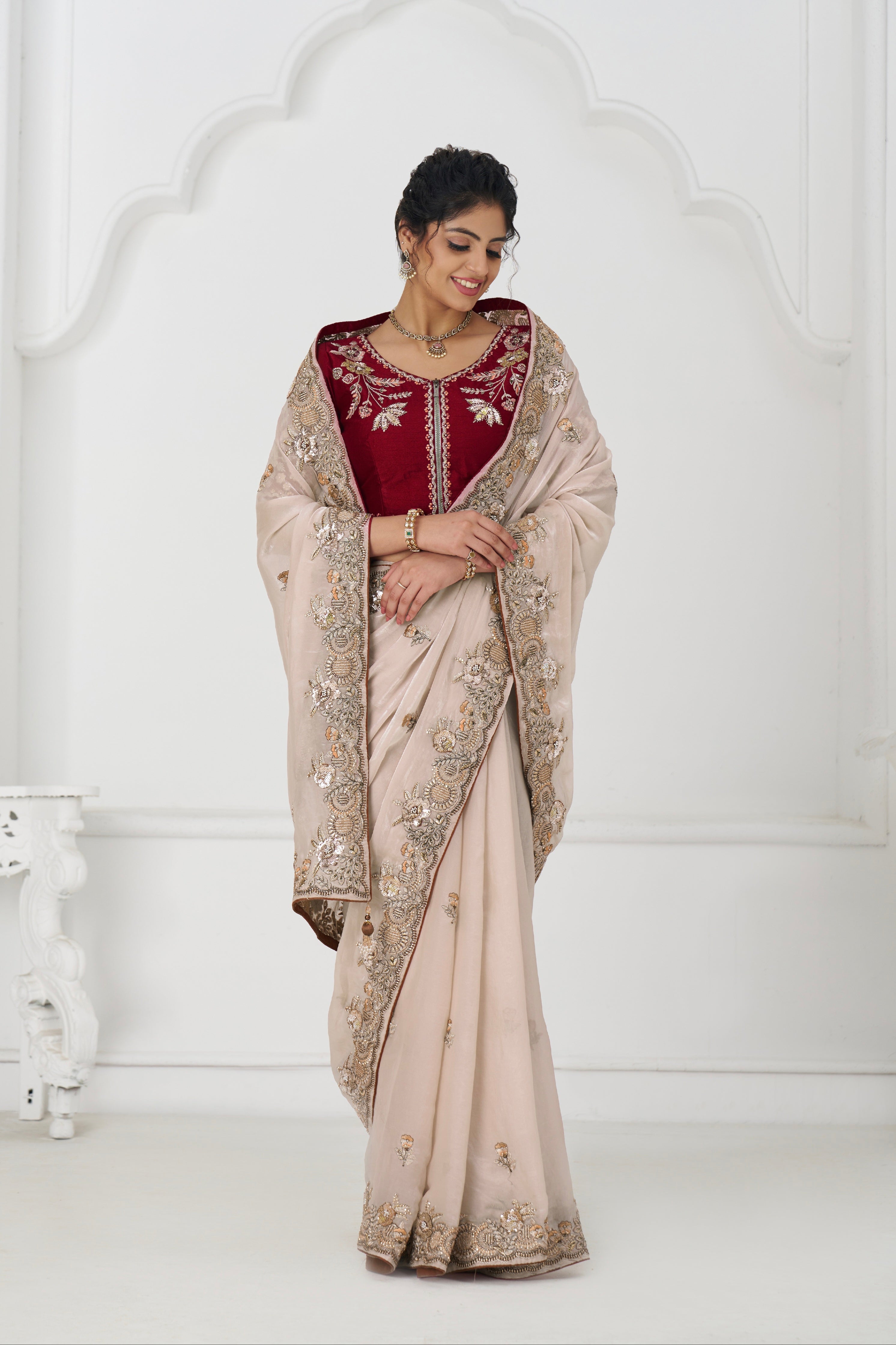 Traditional chiku color silk saree for weddings