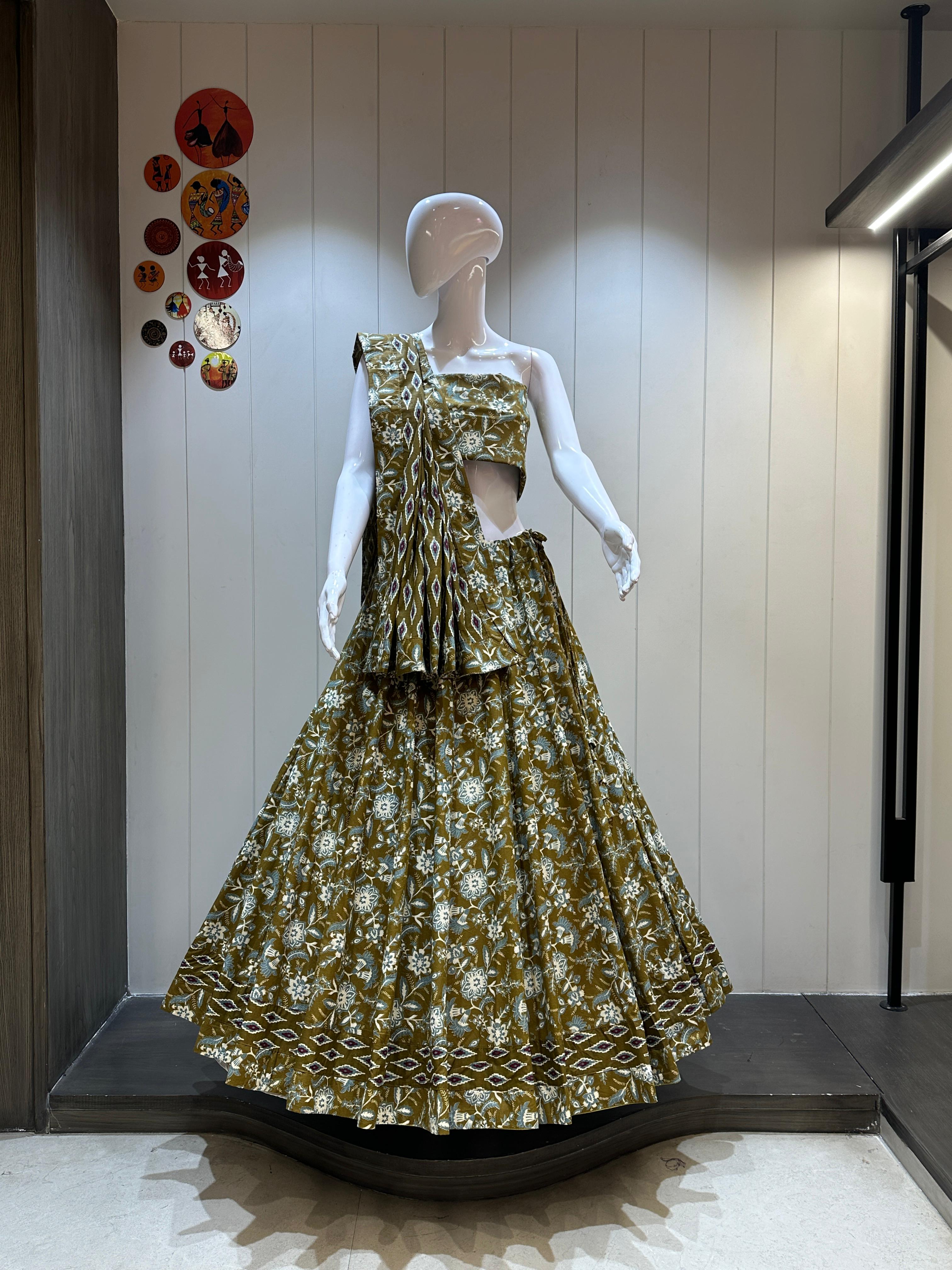 Traditional Festive Cotton Chaniya Choli in Olive Green for Garba