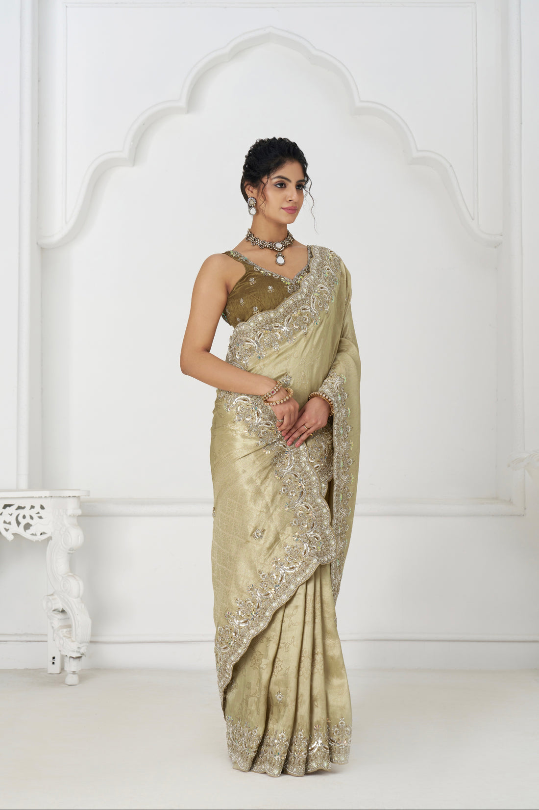 Chiku Dola silk saree with bead and sequin embroidery