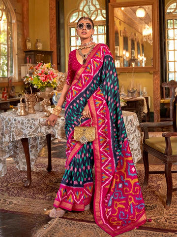 Red & Navy Blue Patola Silk Saree