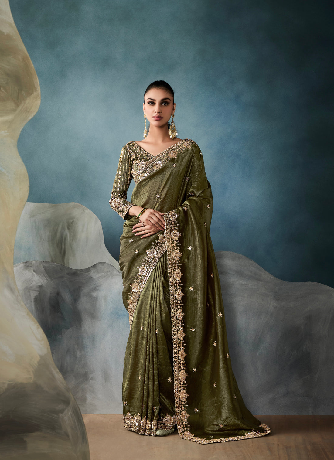 Olive Green Embroidered Tissue Saree for Festive Wear