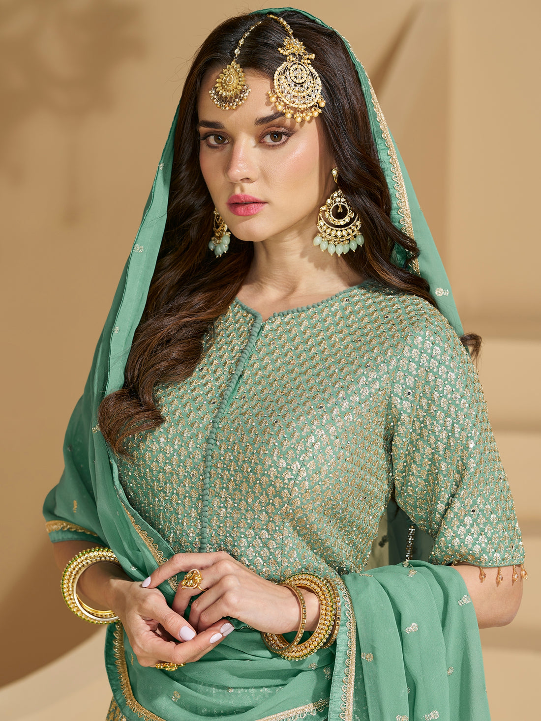 Pastel Green Heavy Embroidered Georgette Sharara Suit