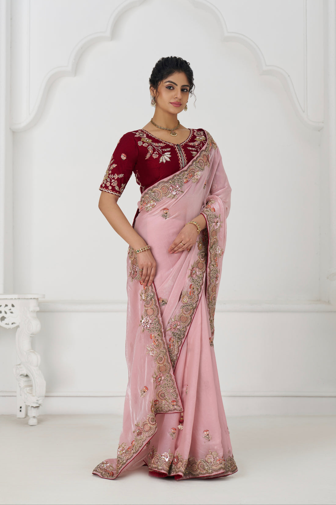 Pink Fendi silk saree with zari embroidery