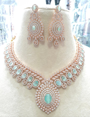 Mint green stone bridal necklace set in rose gold