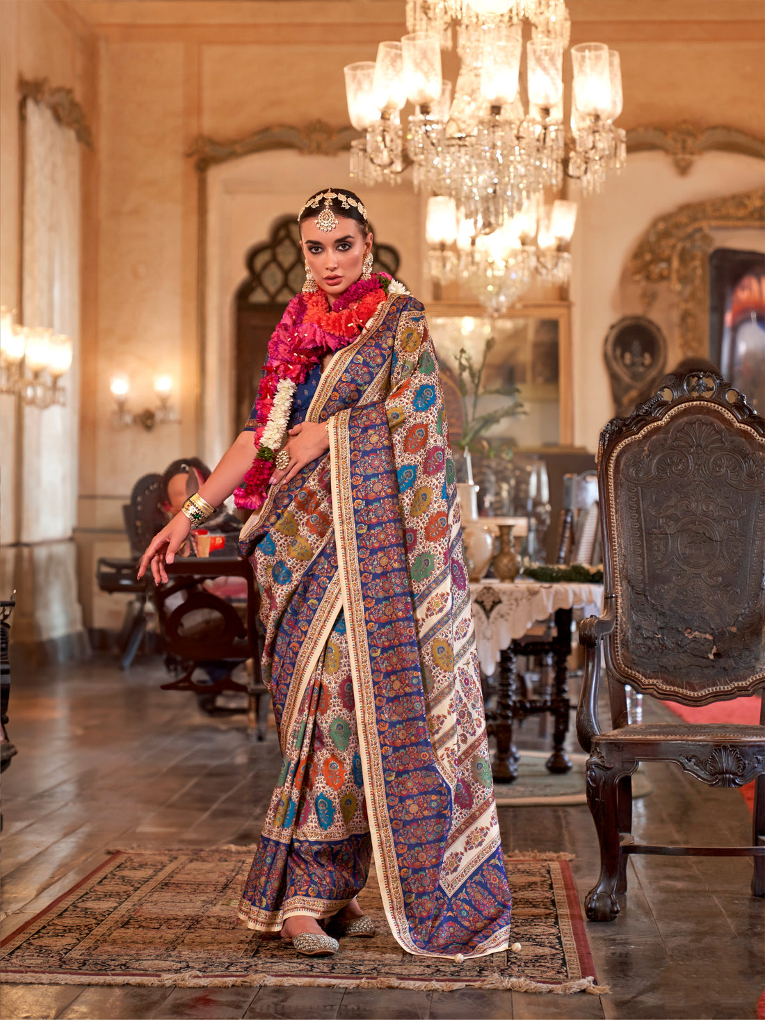 Ivory & Royal Blue Designer Patola Silk Saree