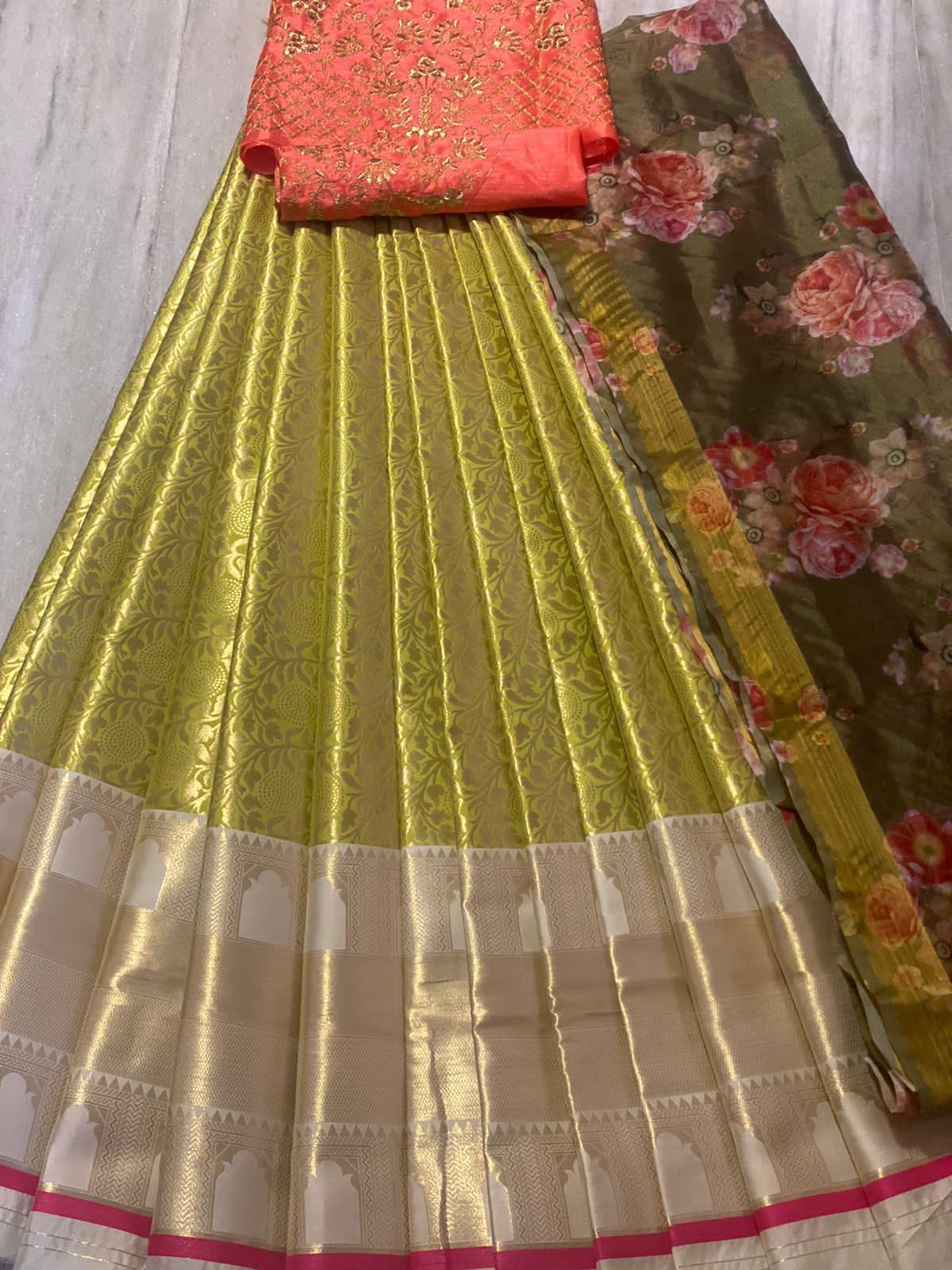 Beautiful Kanjiveram Silk Pure Zari HALF Saree with Blouse Along With Dupptta - Anant Exports