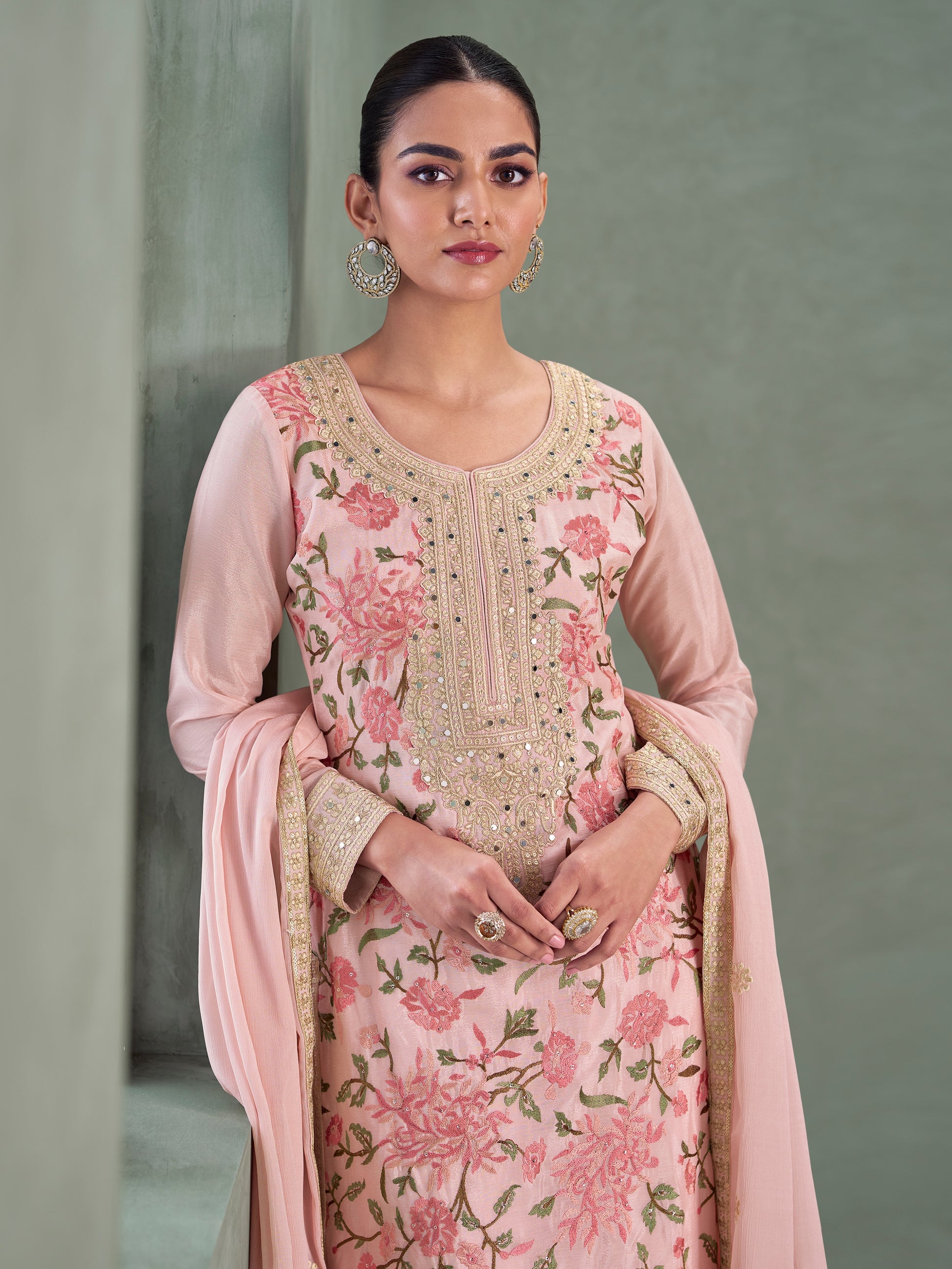 Light Pink Chinnon Silk Embroidered Palazzo Suit