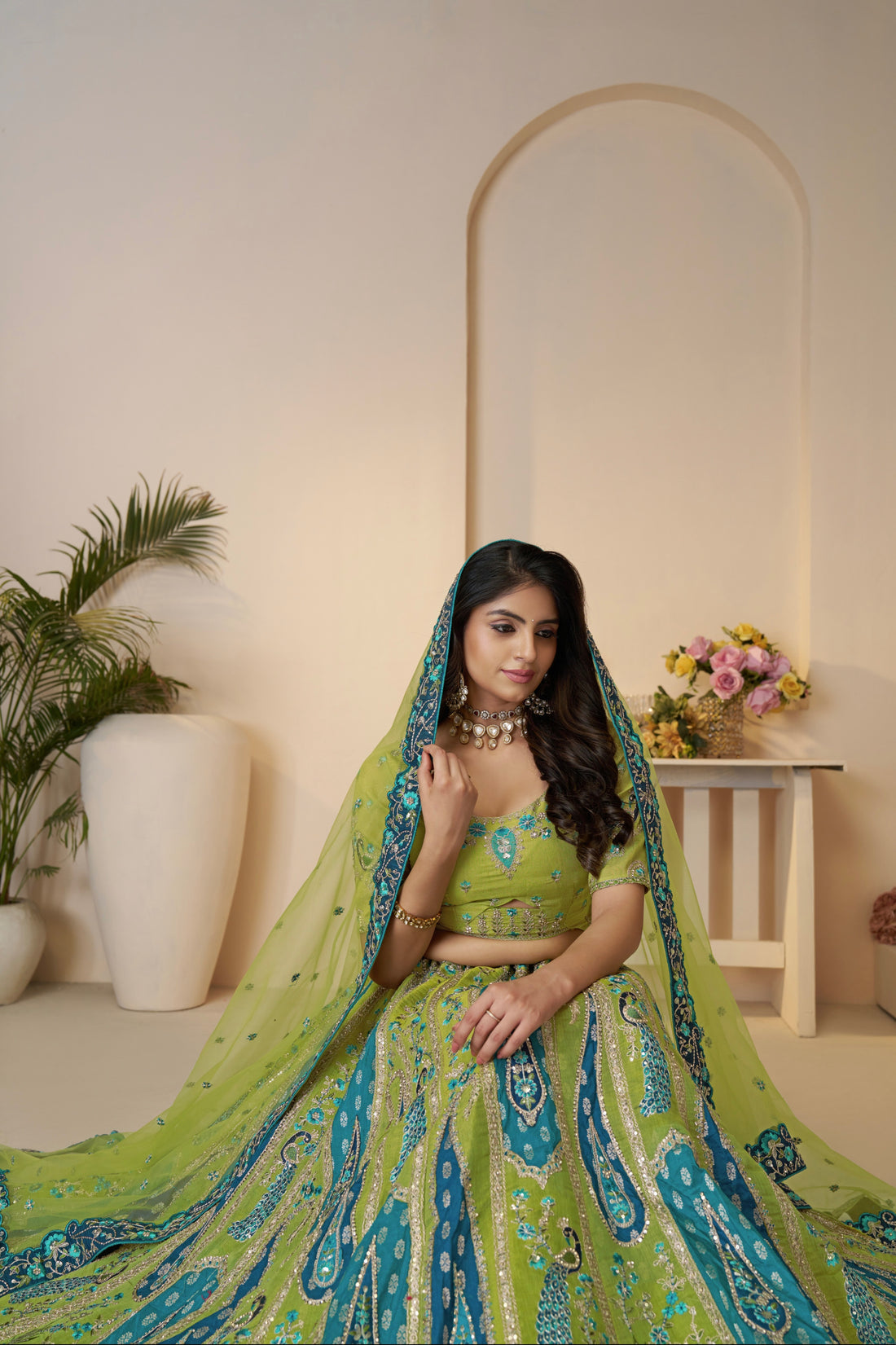Green Banarasi silk lehenga with dupatta for bridal wear