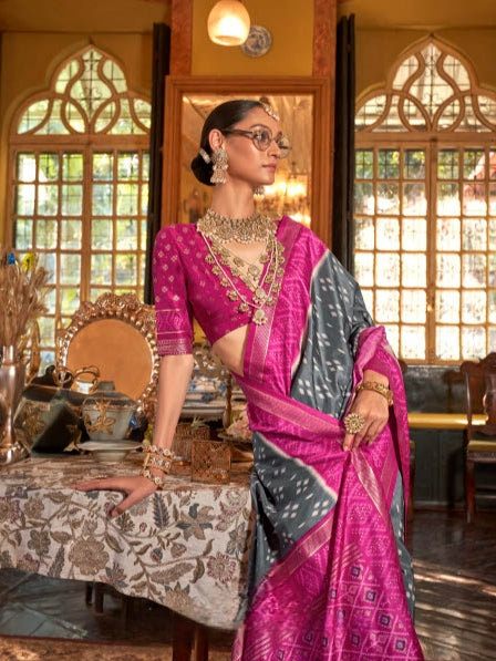 Royal Pink & Blue Patola Silk Saree