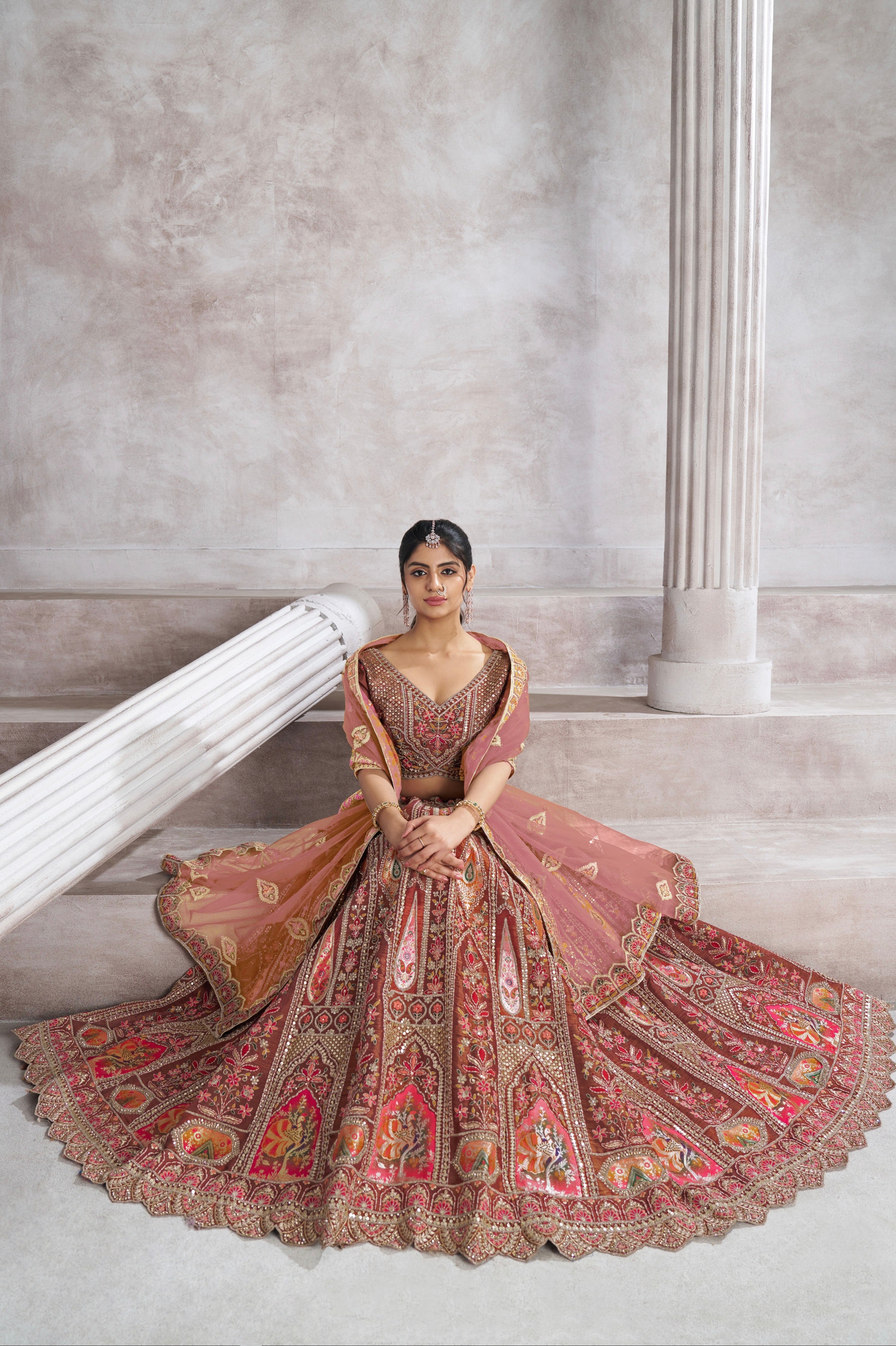 Coffee Banarasi Silk Lehenga with Aari Embroidery & Dupatta