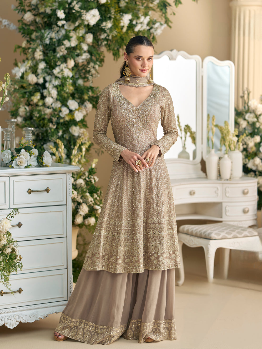 Luxury Beige Heavy Embroidered Palazzo Suit
