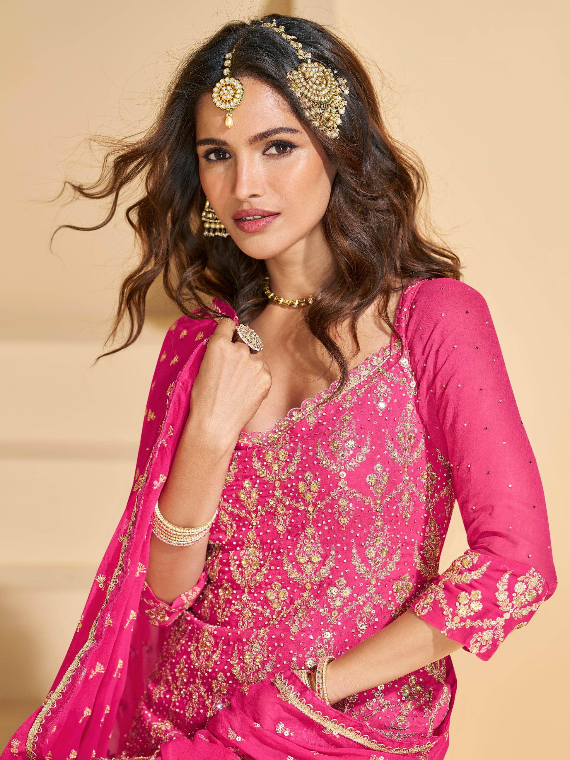 Hot Pink & Orange Heavy Embroidered Georgette Sharara Suit