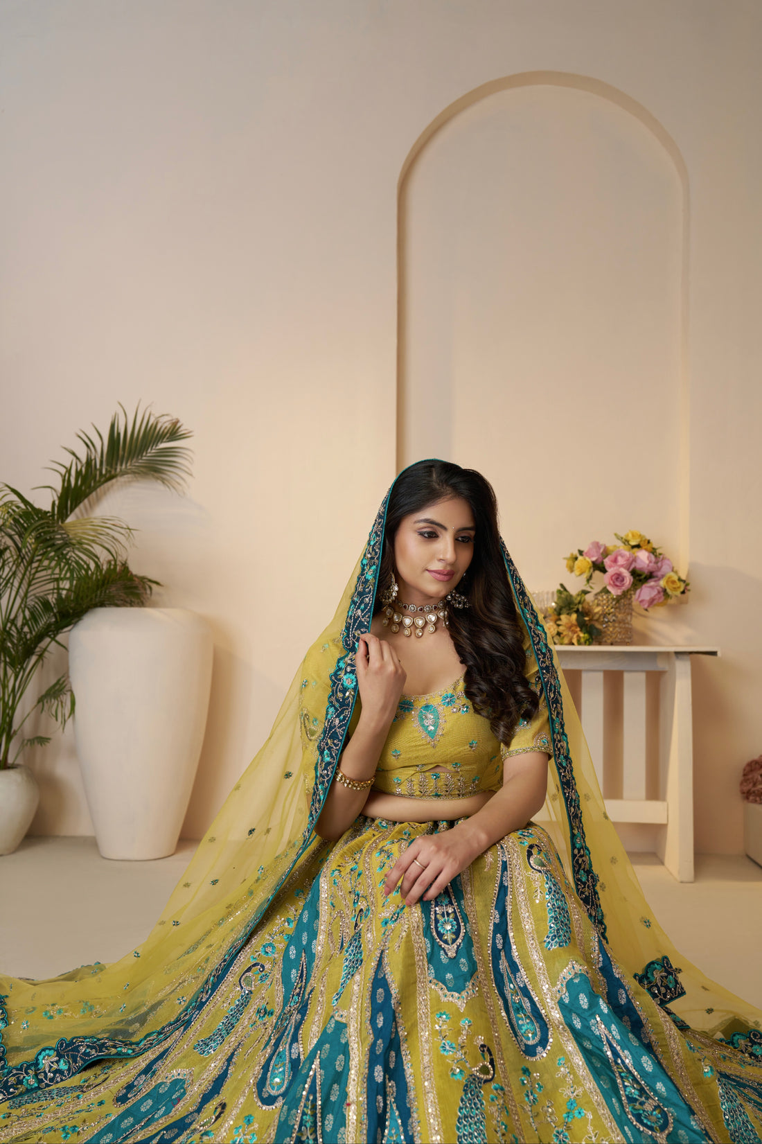 Yellow Banarasi silk bridal lehenga with dupatta